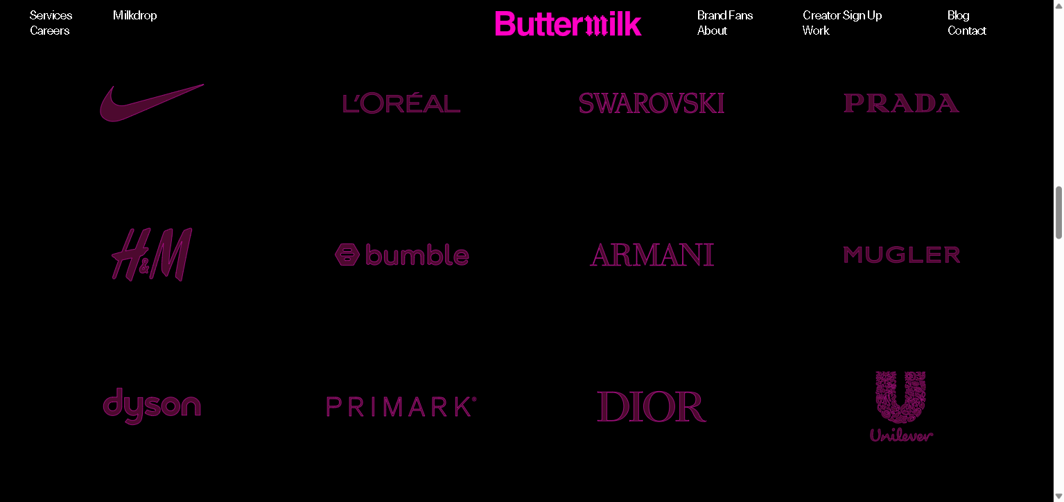 Buttermilk client wall · Nike, L'Oreal, Prada, Armani, Dior, Unilever, Dyson, Swarovski, H&M, Primark, Mugler, Bumble