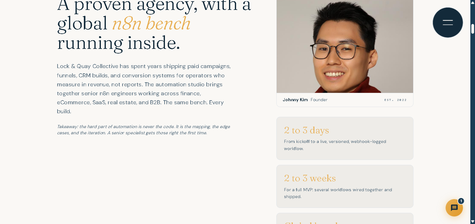 Lock & Quay Collective · proven agency with global n8n bench, founder Johnny Kim